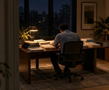 Synthetic editorial illustration. A late-evening office. An analyst seen from behind sits at a desk covered with stacks of plain reports and closed binders beneath a warm lamp, with dark windows beyond.