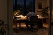 Synthetic editorial illustration. A late-evening office. An analyst seen from behind sits at a desk covered with stacks of plain reports and closed binders beneath a warm lamp, with dark windows beyond.