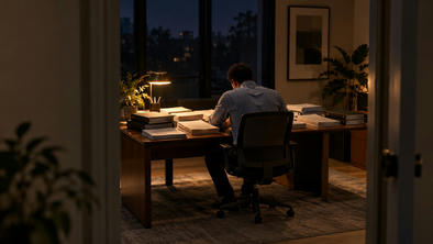 Synthetic editorial illustration. A late-evening office. An analyst seen from behind sits at a desk covered with stacks of plain reports and closed binders beneath a warm lamp, with dark windows beyond.
