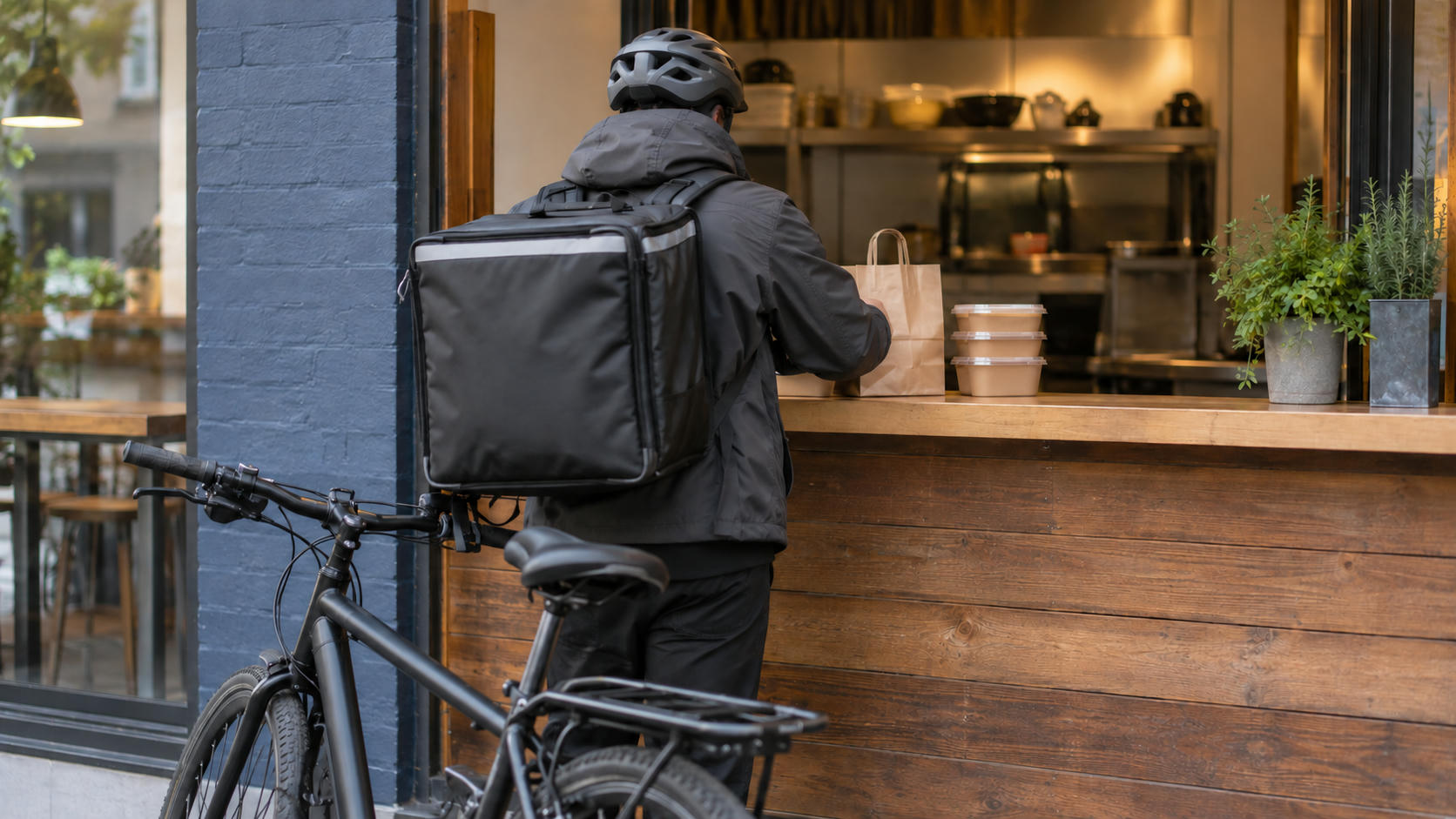 Synthetic editorial illustration. Anonymous bicycle courier seen entirely from behind at a restaurant meal pickup counter, with plain insulated bag and sealed takeaway food containers; no named delivery service.