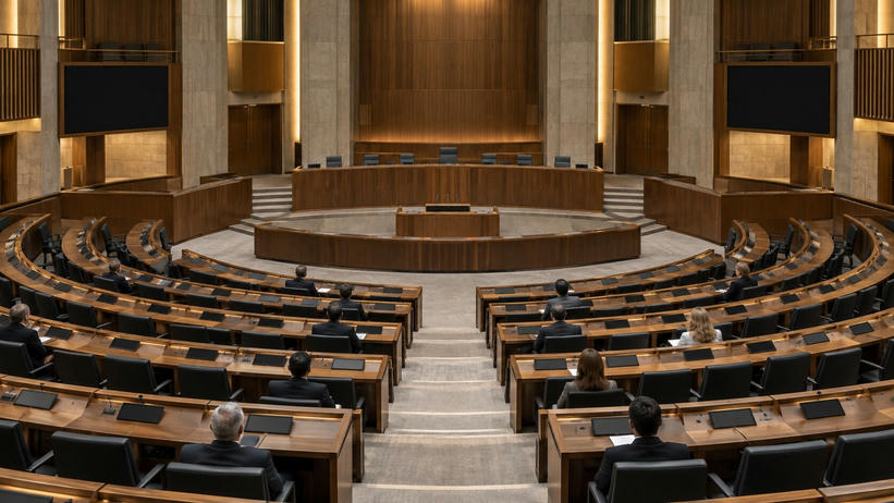 Synthetic editorial illustration. A few attendees viewed from behind sit among semicircular rows of wooden desks in a large assembly hall. The dais is empty, and all desk and wall displays are dark under warm institutional light.