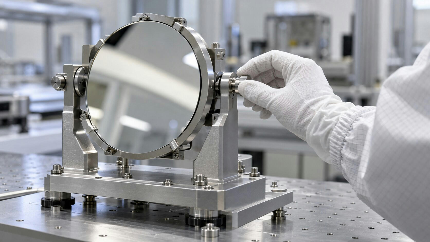 Synthetic editorial illustration. A white-gloved hand adjusts a plain metal mount holding a large circular mirror. The precision module sits on a perforated cleanroom table and reflects soft overhead light without faces.