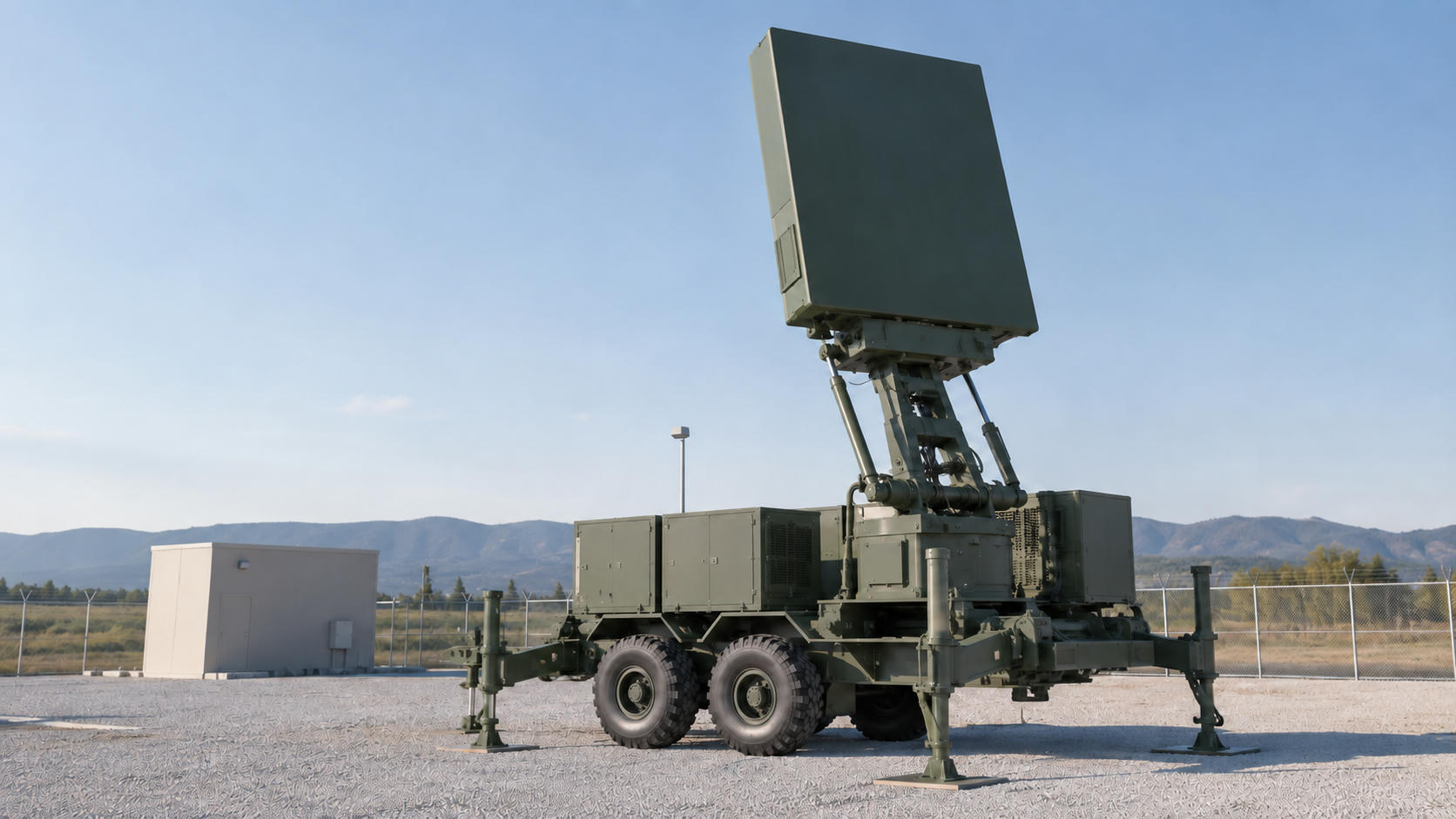 Synthetic editorial illustration. Generic mobile defensive air-surveillance radar apparatus in an anonymous test compound; no real named system, military unit, country, weapon use or combat incident.