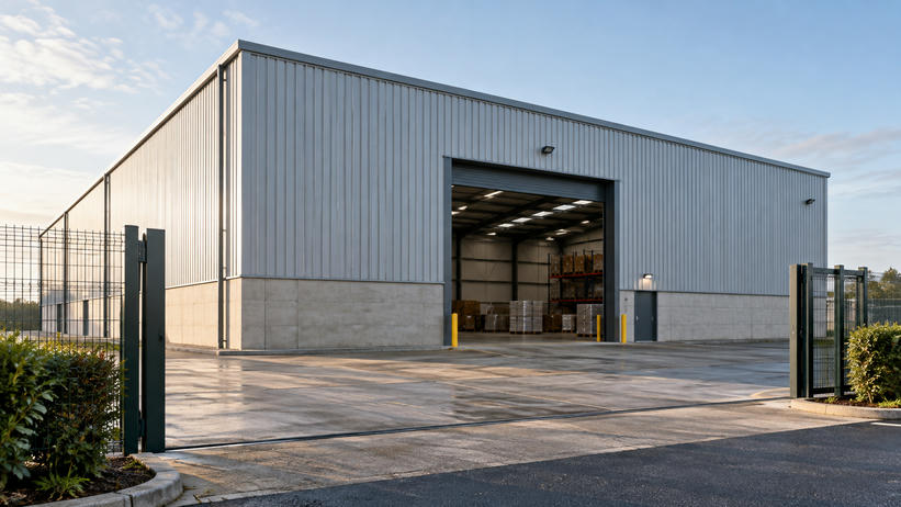 Synthetic editorial illustration. One anonymous modern warehouse facade and open loading portal with modest unmarked freight inside, naturally framed by entrance fencing.