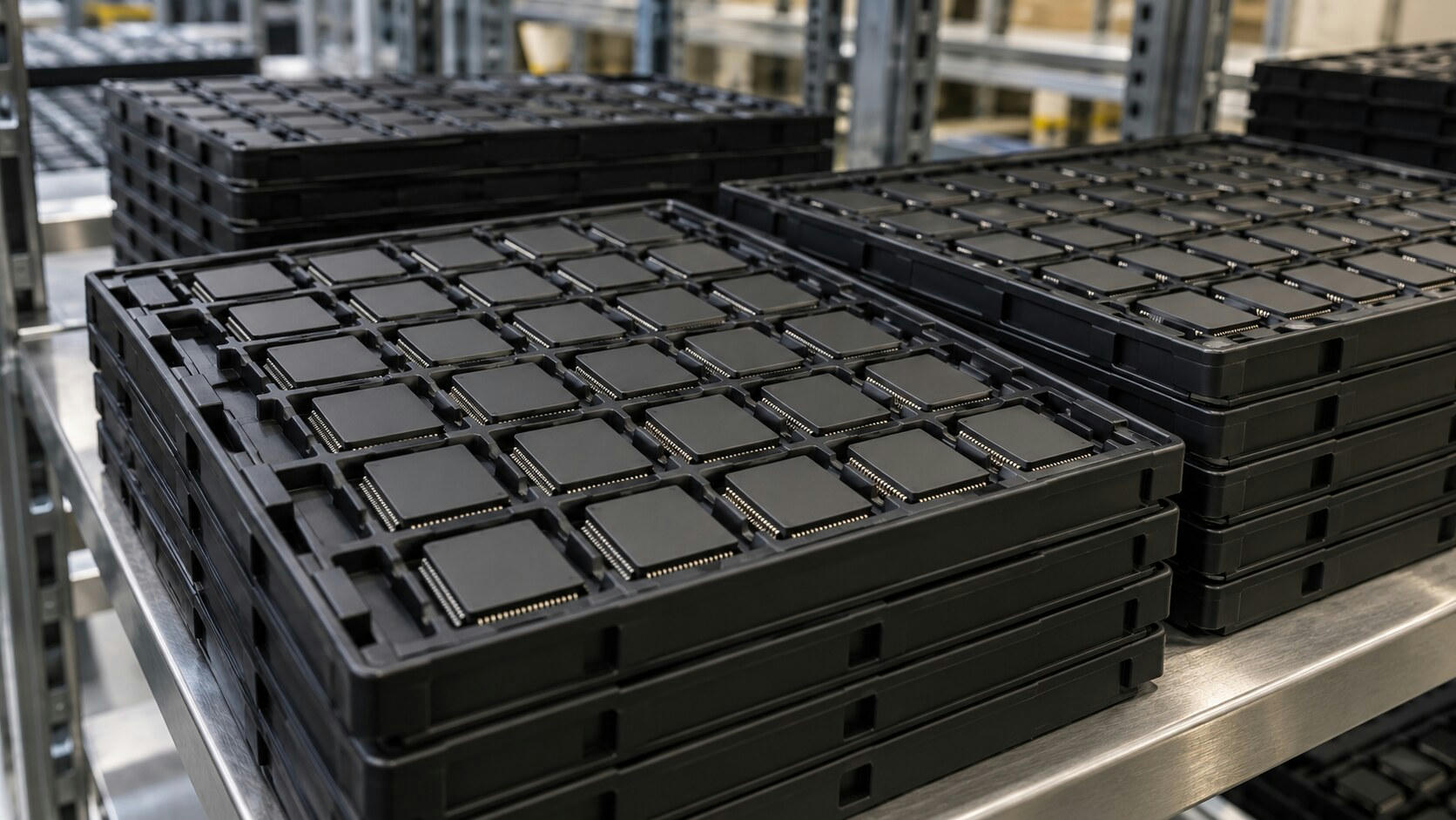 Synthetic editorial illustration. Stacks of black molded trays hold orderly rows of plain dark chip packages with fine metal contacts. The trays sit on a stainless factory shelf in soft industrial light.