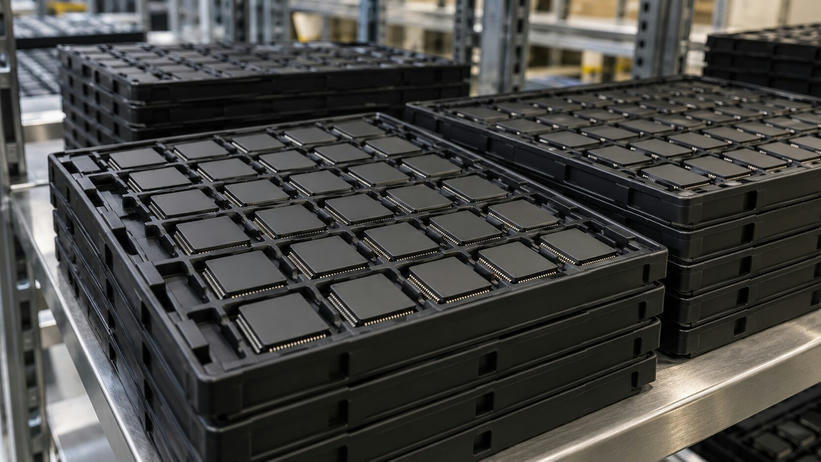 Synthetic editorial illustration. Stacks of black molded trays hold orderly rows of plain dark chip packages with fine metal contacts. The trays sit on a stainless factory shelf in soft industrial light.