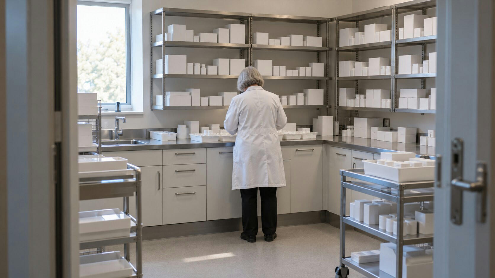 Synthetic editorial illustration. A hospital pharmacy room. A pharmacist in a white coat seen from behind prepares trays at a counter, surrounded by shelves and trolleys of plain white boxes and bottles.