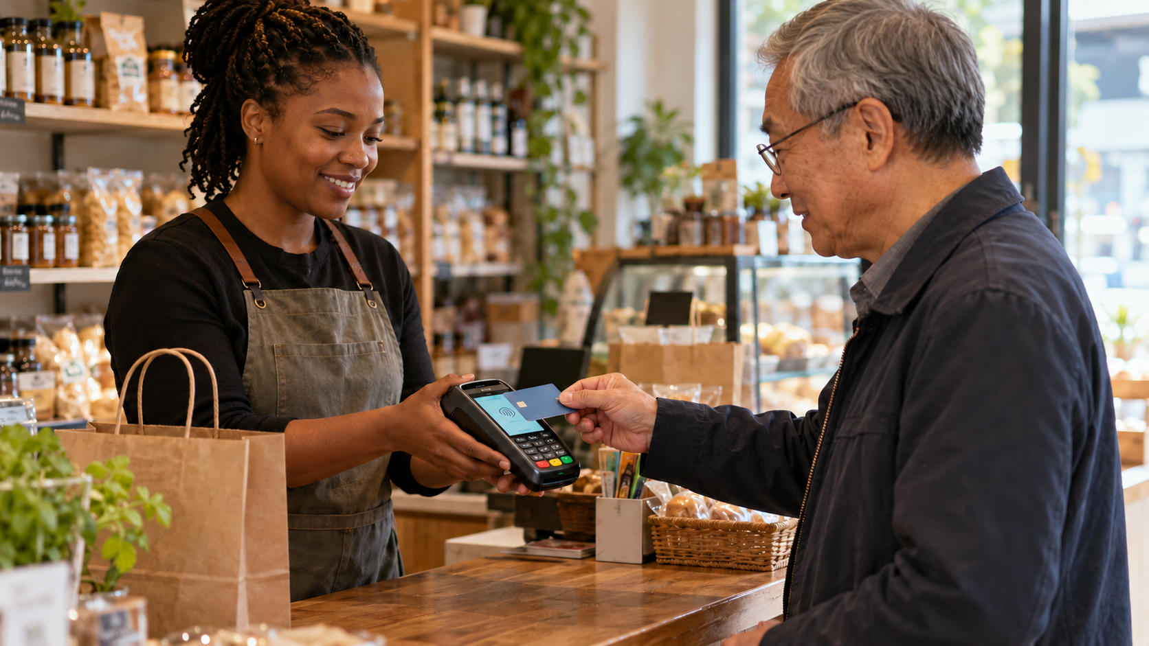 Synthetic editorial illustration. A shopper presents a plain payment card to a handheld terminal held by a shopkeeper.