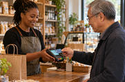 Synthetic editorial illustration. A shopper presents a plain payment card to a handheld terminal held by a shopkeeper.