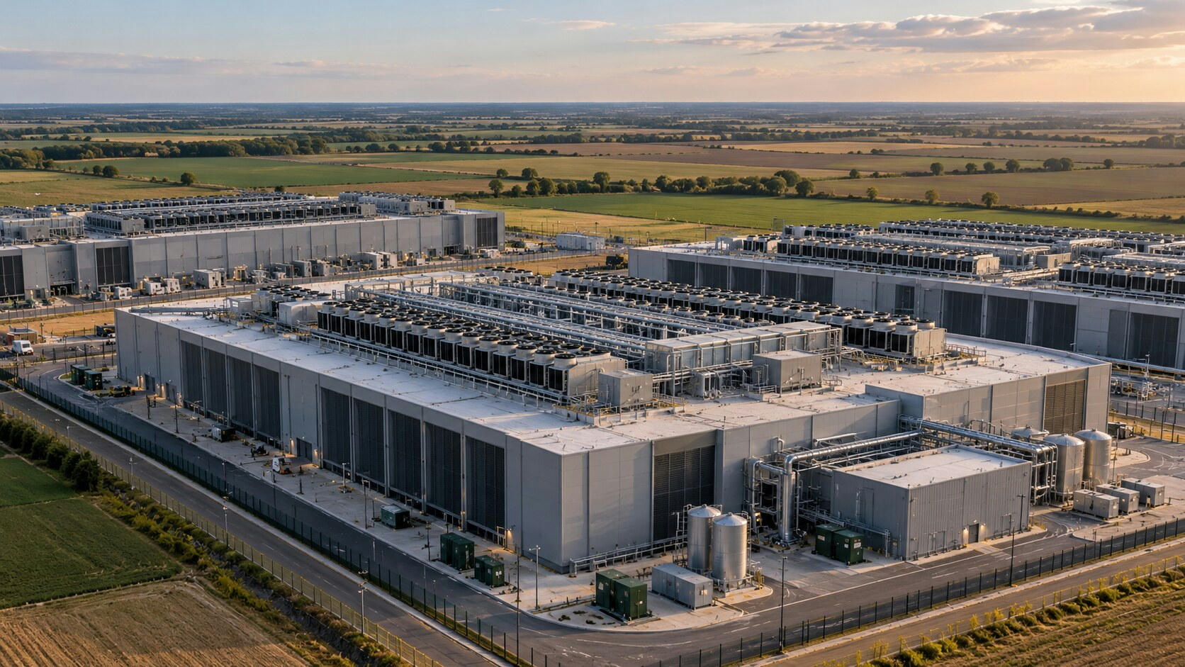 Synthetic editorial illustration. A data-centre campus sits among flat farmland. A low aerial view shows large windowless buildings, rooftop chillers, pipework and fenced service roads.