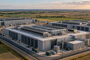 Synthetic editorial illustration. A data-centre campus sits among flat farmland. A low aerial view shows large windowless buildings, rooftop chillers, pipework and fenced service roads.