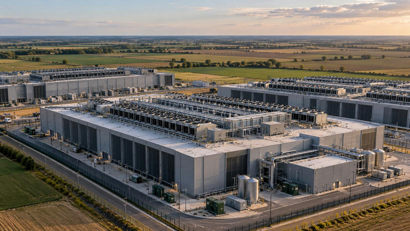 Synthetic editorial illustration. A data-centre campus sits among flat farmland. A low aerial view shows large windowless buildings, rooftop chillers, pipework and fenced service roads.