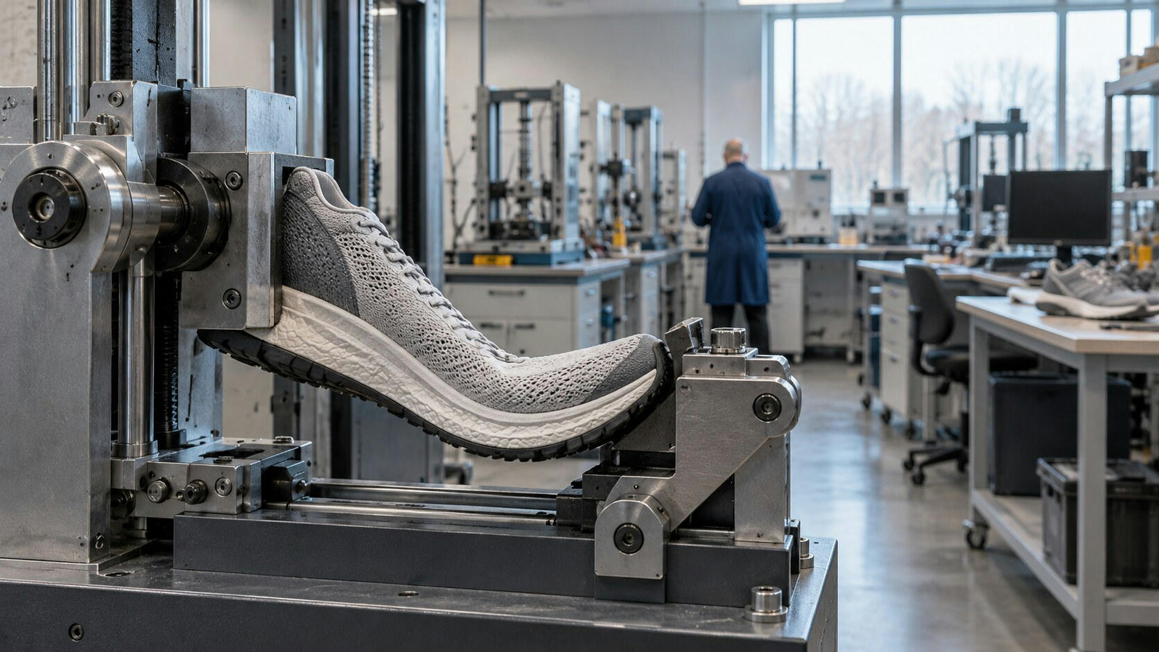 Synthetic editorial illustration. A footwear testing laboratory. A plain grey knitted shoe bends between metal clamps on a flex-testing machine, with additional test equipment, a dark monitor and a rear-facing technician blurred behind.
