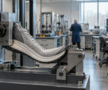 Synthetic editorial illustration. A footwear testing laboratory. A plain grey knitted shoe bends between metal clamps on a flex-testing machine, with additional test equipment, a dark monitor and a rear-facing technician blurred behind.