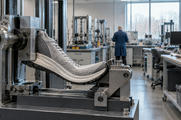 Synthetic editorial illustration. A footwear testing laboratory. A plain grey knitted shoe bends between metal clamps on a flex-testing machine, with additional test equipment, a dark monitor and a rear-facing technician blurred behind.