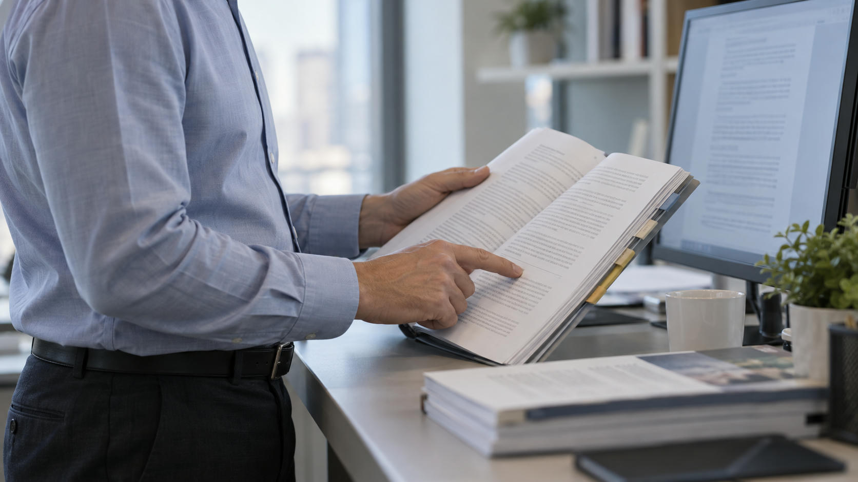 Synthetic editorial illustration. A cropped adult reviews an open populated report beside a powered portrait monitor, indicating a paragraph by hand.