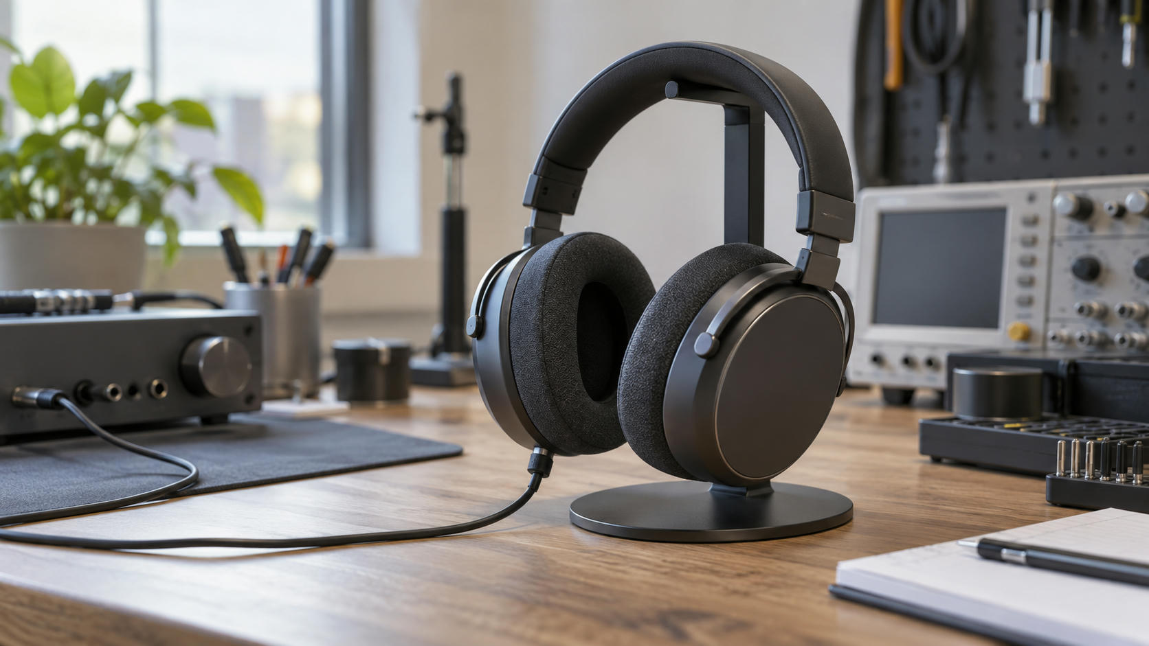 Synthetic editorial illustration. Generic unbranded over-ear headphones on a practical audio testing bench, with blank/off equipment displays; no real named product or audio-service interface.