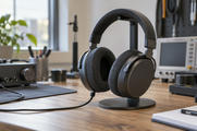 Synthetic editorial illustration. Generic unbranded over-ear headphones on a practical audio testing bench, with blank/off equipment displays; no real named product or audio-service interface.