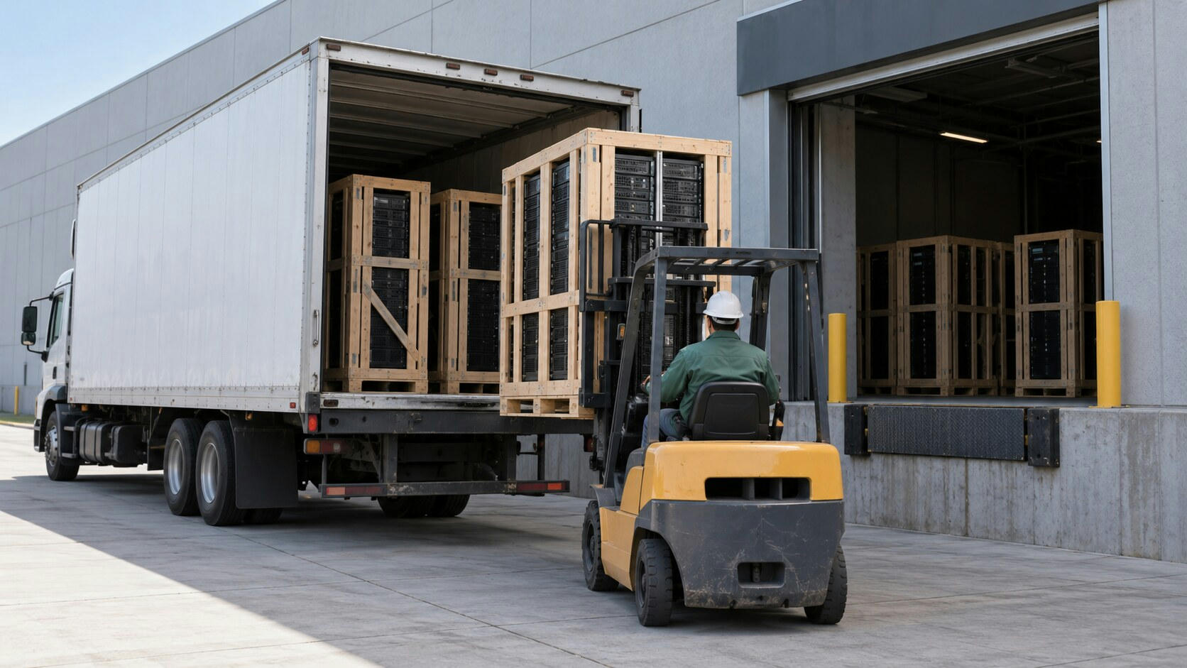 Synthetic editorial illustration. An industrial loading dock. A forklift operator seen from behind handles a wooden-crated server rack beside an open truck, with more crated racks inside the truck and building.