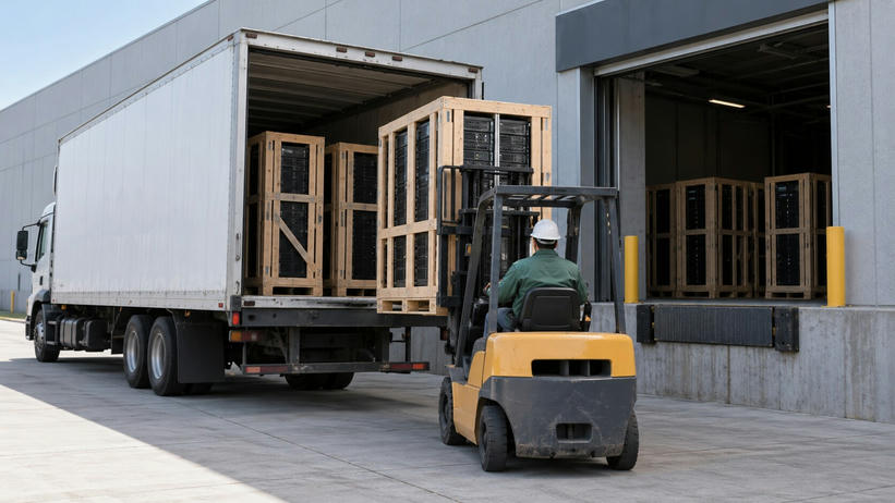 Synthetic editorial illustration. An industrial loading dock. A forklift operator seen from behind handles a wooden-crated server rack beside an open truck, with more crated racks inside the truck and building.