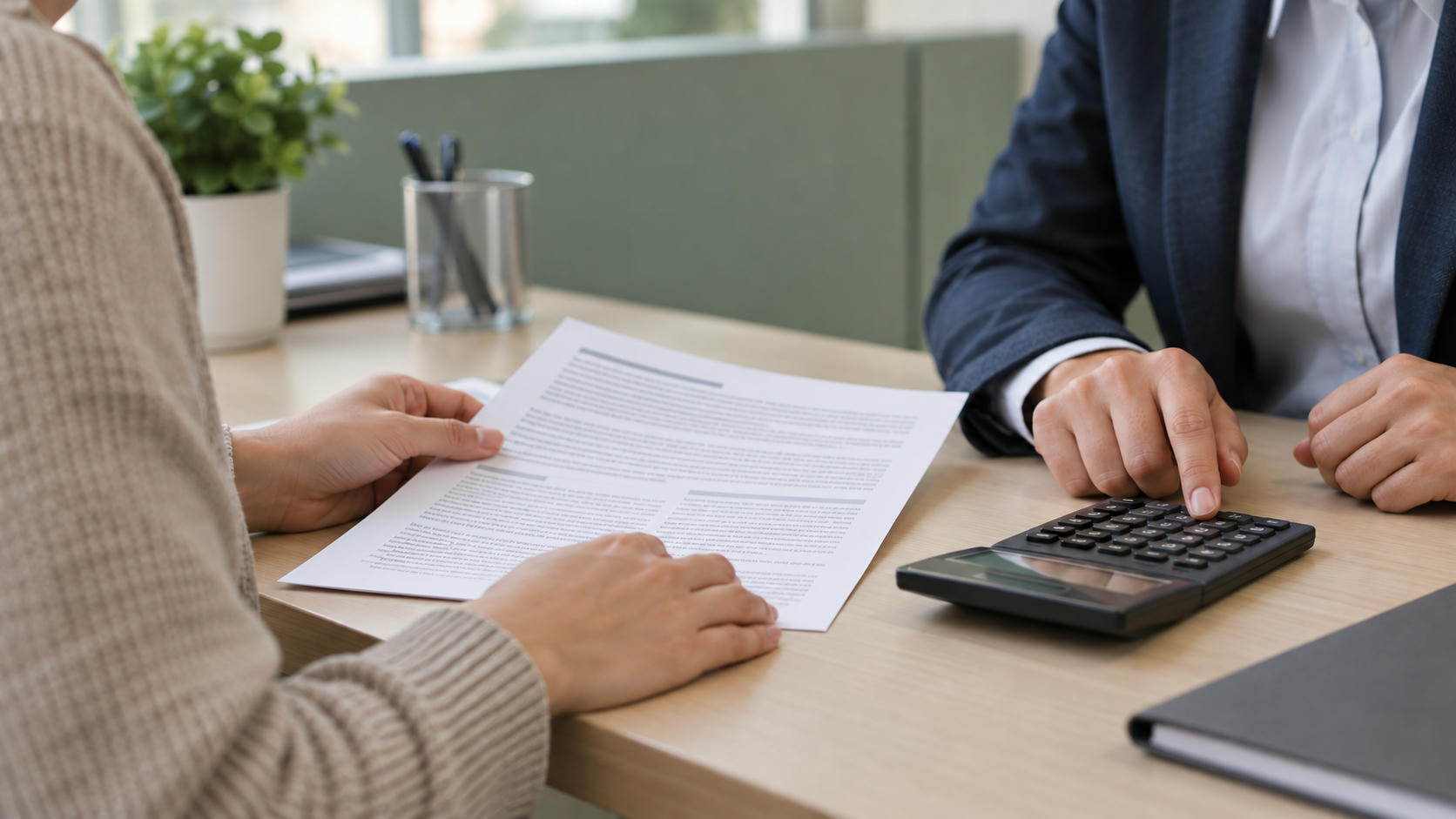Synthetic editorial illustration. Two adults' hands review a populated document while one uses a calculator at a modest consultation counter.