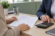 Synthetic editorial illustration. Two adults' hands review a populated document while one uses a calculator at a modest consultation counter.
