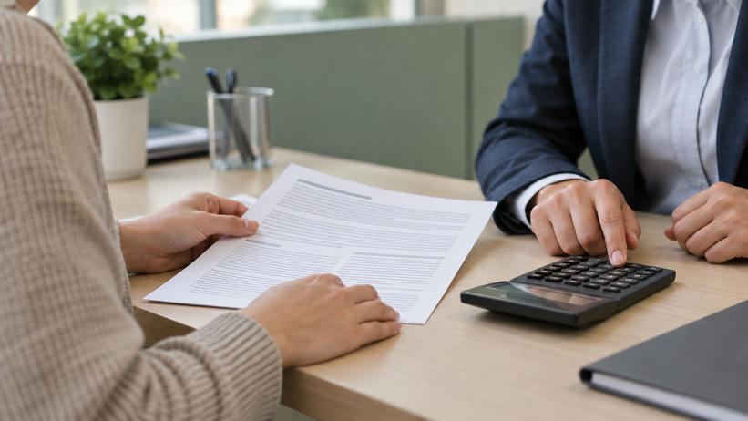 Synthetic editorial illustration. Two adults' hands review a populated document while one uses a calculator at a modest consultation counter.