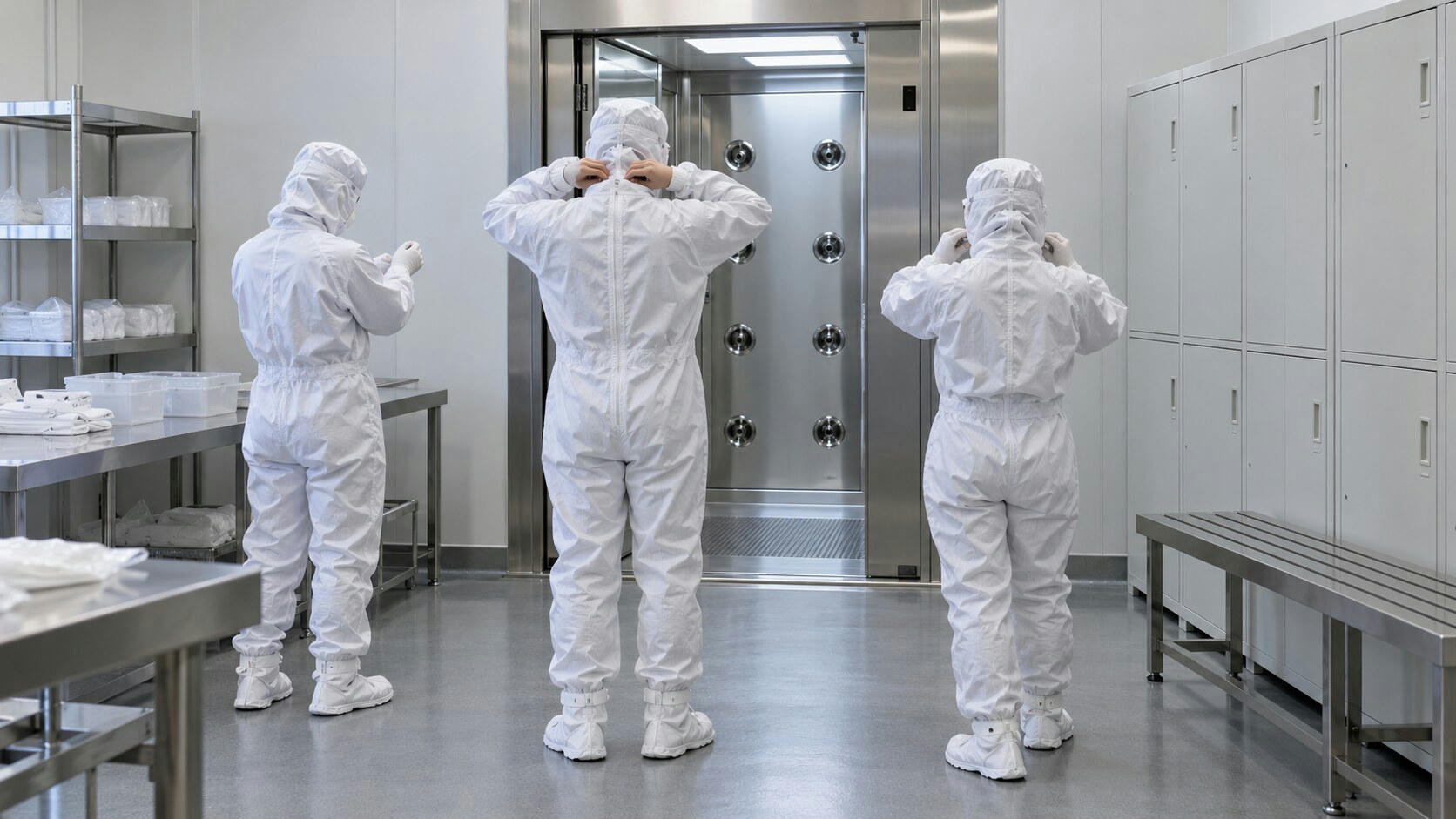 Synthetic editorial illustration. Three workers viewed from behind adjust white cleanroom suits in a plain gowning room. Blank lockers and metal benches flank a stainless air-shower doorway with circular nozzles.