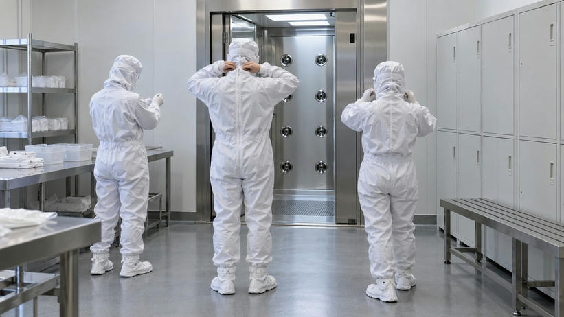 Synthetic editorial illustration. Three workers viewed from behind adjust white cleanroom suits in a plain gowning room. Blank lockers and metal benches flank a stainless air-shower doorway with circular nozzles.