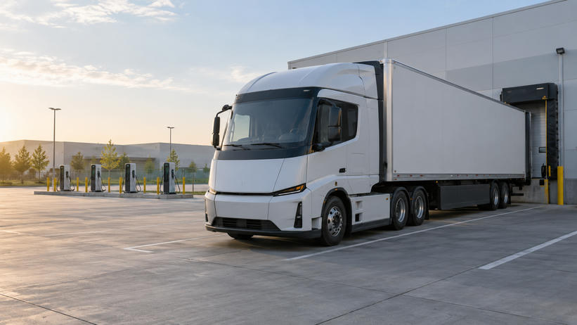 Synthetic editorial illustration. Generic unbranded electric cargo tractor and plain trailer at an anonymous freight depot beside ordinary charging infrastructure.