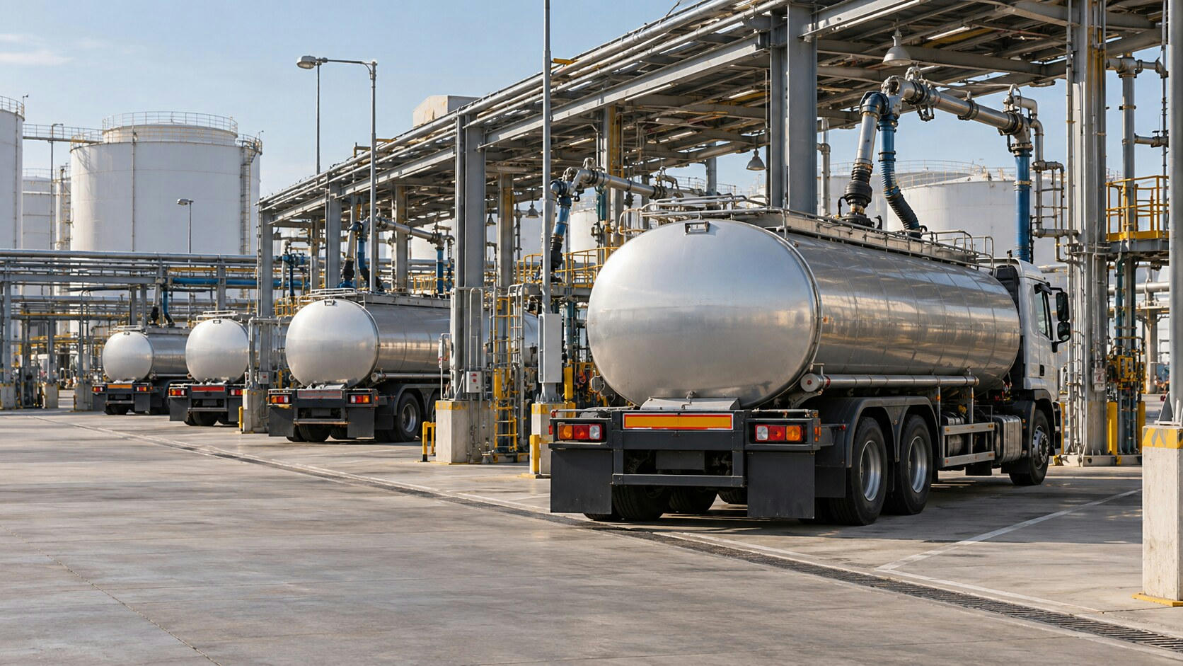 Synthetic editorial illustration. A fuel-loading depot. Silver tanker trucks stand beneath a canopy of loading arms and pipework, with large storage tanks beyond and plain black mudflaps above the concrete yard.