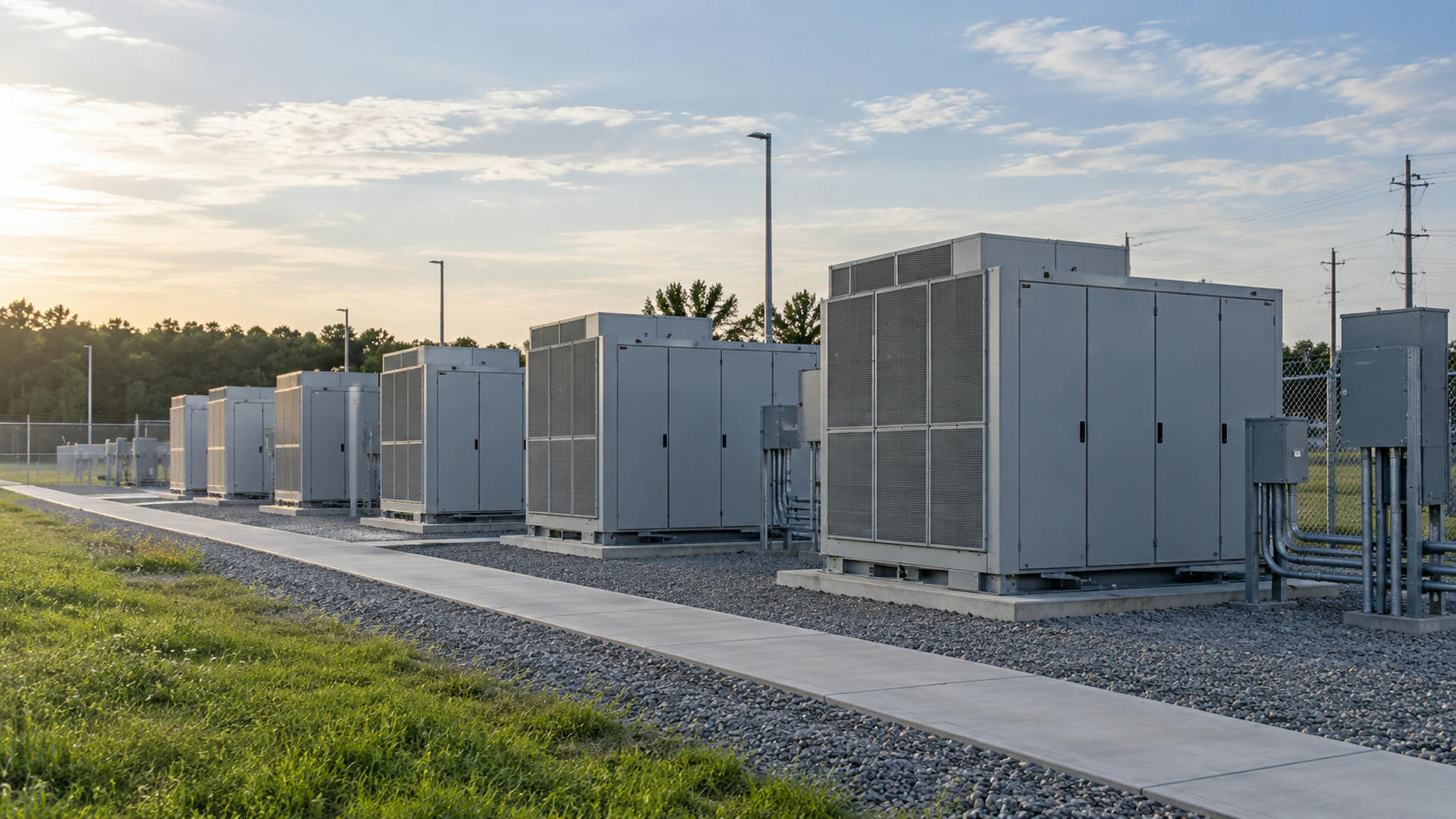 Synthetic editorial illustration. A generic row of plain battery-storage enclosures and utility connections in a grid-scale energy yard; not a named product or facility.