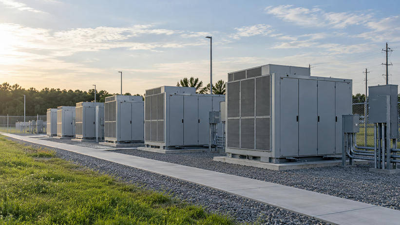 Synthetic editorial illustration. A generic row of plain battery-storage enclosures and utility connections in a grid-scale energy yard; not a named product or facility.