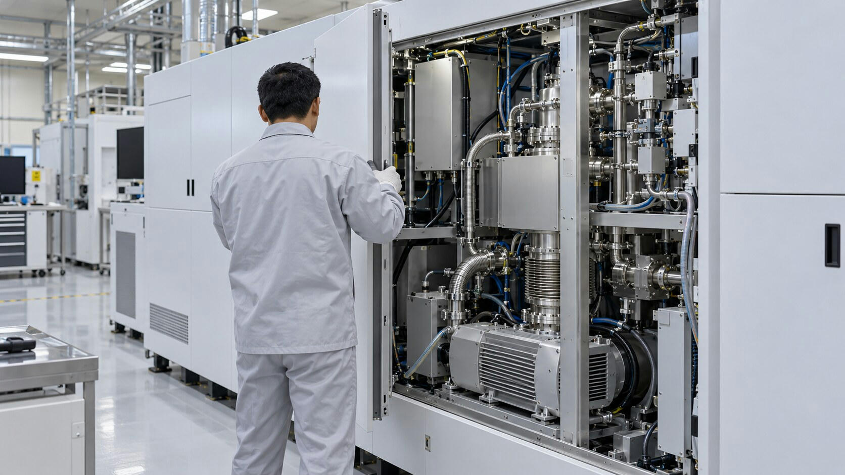 Synthetic editorial illustration. A semiconductor equipment service area. An engineer seen from behind holds open a machine side panel, revealing a vacuum pump, metal bellows, valves and bundled lines inside the enclosure.