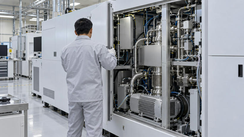 Synthetic editorial illustration. A semiconductor equipment service area. An engineer seen from behind holds open a machine side panel, revealing a vacuum pump, metal bellows, valves and bundled lines inside the enclosure.