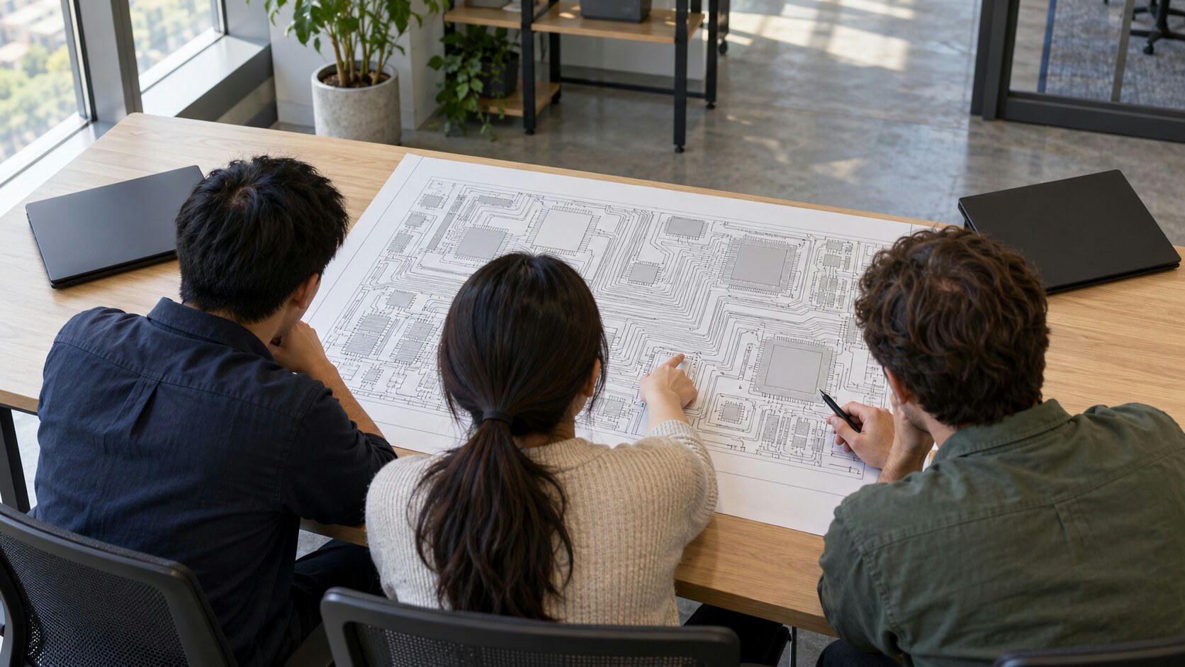 Synthetic editorial illustration. Three people viewed from above and behind examine a large paper circuit pattern of rectangular components and fine connecting traces. Two plain closed laptops sit on the wooden table in daylight.