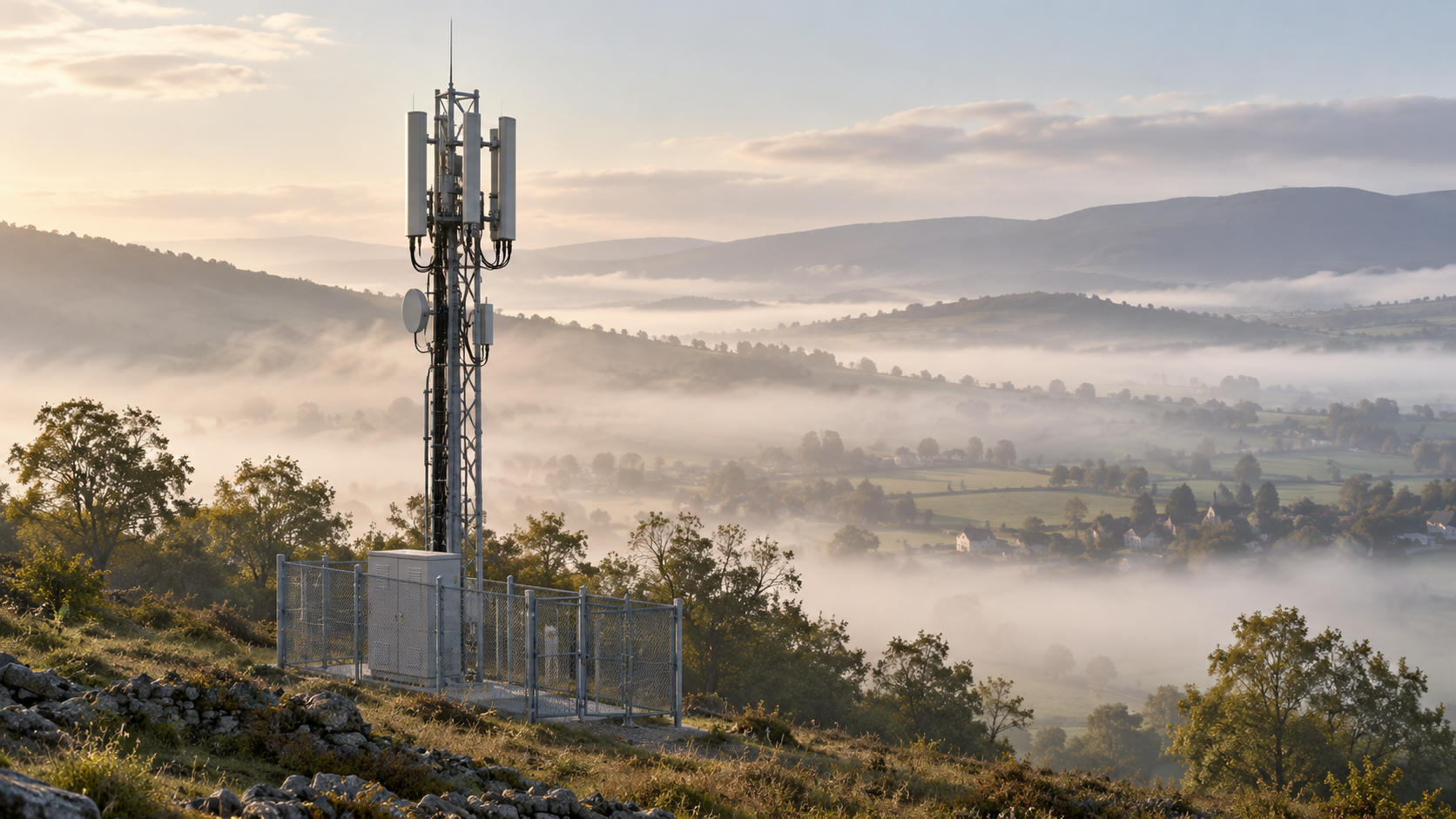 Synthetic editorial illustration. A cellular relay mast and its base cabinet stand above a misty rural valley.