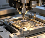 Synthetic editorial illustration. A fine machine tip holds a small square chip just above a patterned substrate within a metal fixture. Warm task light reveals gold-coloured contact pads, plain hardware and precision fasteners.