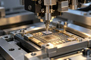Synthetic editorial illustration. A fine machine tip holds a small square chip just above a patterned substrate within a metal fixture. Warm task light reveals gold-coloured contact pads, plain hardware and precision fasteners.