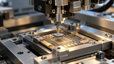 Synthetic editorial illustration. A fine machine tip holds a small square chip just above a patterned substrate within a metal fixture. Warm task light reveals gold-coloured contact pads, plain hardware and precision fasteners.