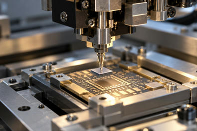 Synthetic editorial illustration. A fine machine tip holds a small square chip just above a patterned substrate within a metal fixture. Warm task light reveals gold-coloured contact pads, plain hardware and precision fasteners.