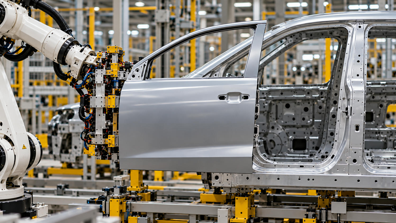 Synthetic editorial illustration. A robot supports a silver front door with a left-sloping front window edge and right-hand handle beside the corresponding near-side front body opening.