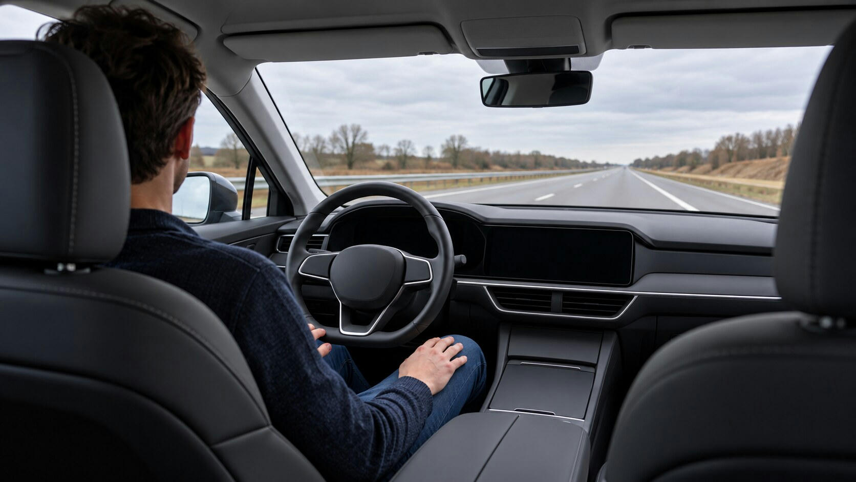 Synthetic editorial illustration. Viewed from the back seat, a driver rests both hands on their legs away from a plain steering wheel. Dashboard displays are dark, and a straight empty motorway extends through the windscreen under grey daylight.