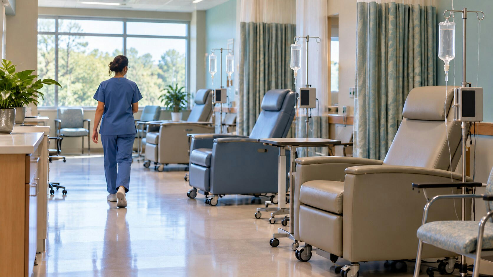 Synthetic editorial illustration. A nurse seen from behind walks through a bright treatment room lined with empty reclining chairs. Plain clear fluid pouches hang from IV stands beside dark pump displays and privacy curtains.