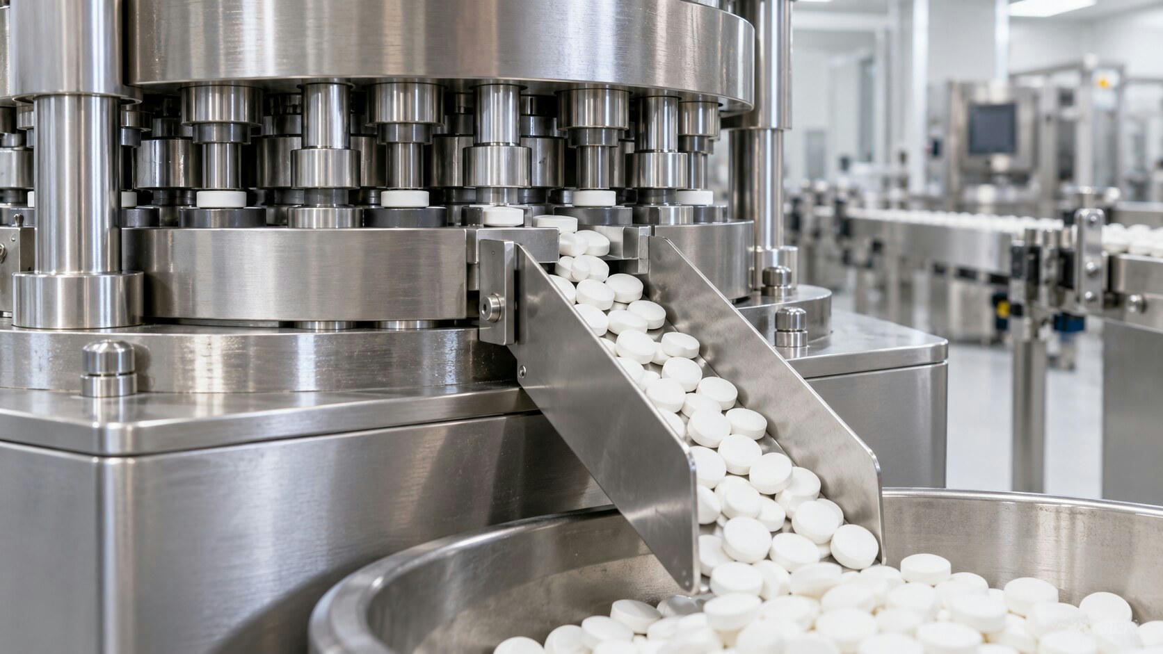 Synthetic editorial illustration. A pharmaceutical production line contains a stainless-steel tablet press. Plain white tablets descend a metal chute into a round collection tray, with additional machinery softly blurred behind.