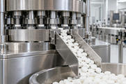 Synthetic editorial illustration. A pharmaceutical production line contains a stainless-steel tablet press. Plain white tablets descend a metal chute into a round collection tray, with additional machinery softly blurred behind.
