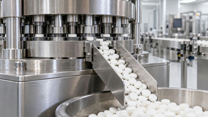 Synthetic editorial illustration. A pharmaceutical production line contains a stainless-steel tablet press. Plain white tablets descend a metal chute into a round collection tray, with additional machinery softly blurred behind.