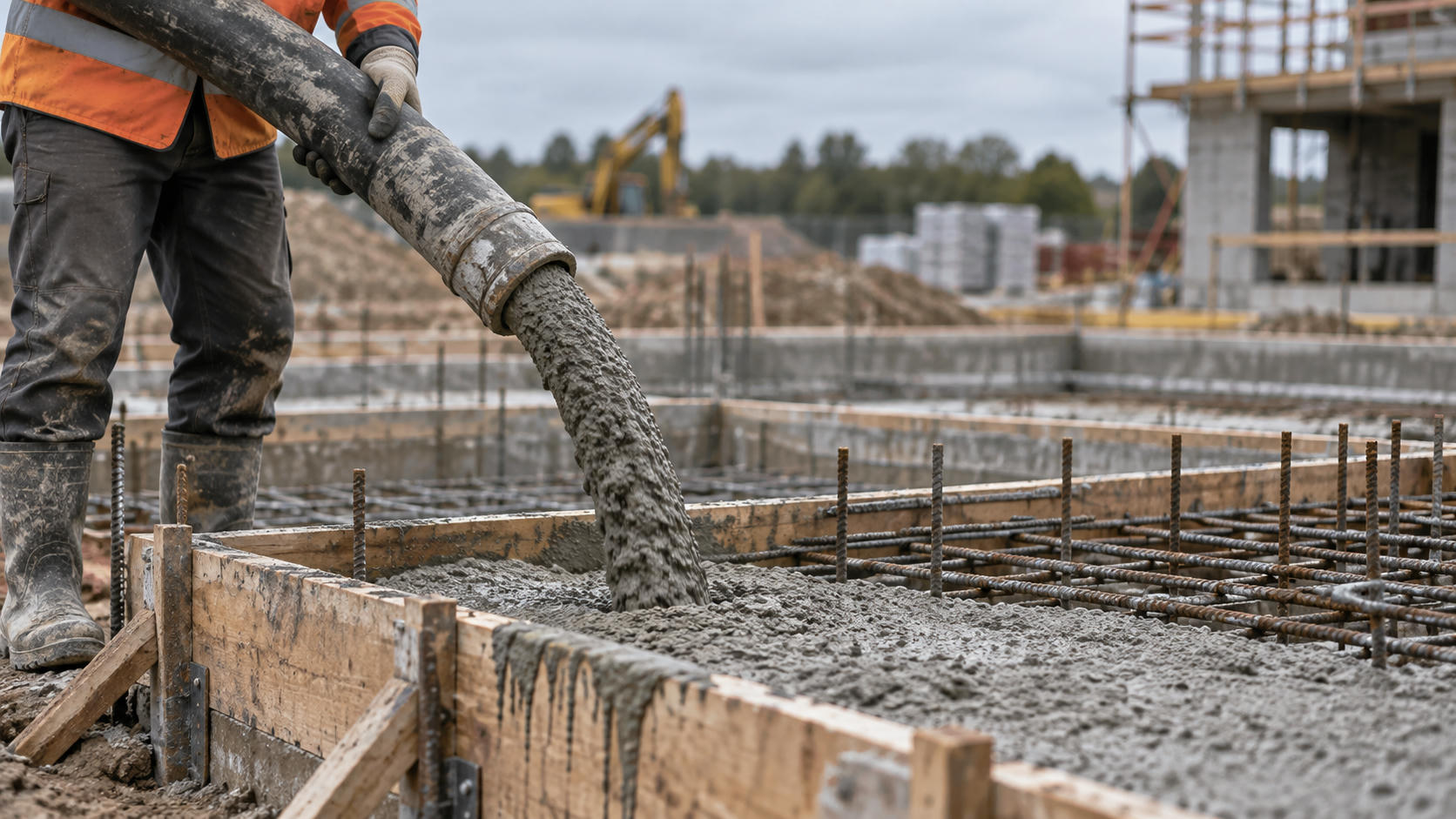 Synthetic editorial illustration. A gloved worker guides one concrete-pump hose into bounded foundation formwork at a building site.