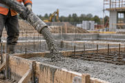 Synthetic editorial illustration. A gloved worker guides one concrete-pump hose into bounded foundation formwork at a building site.