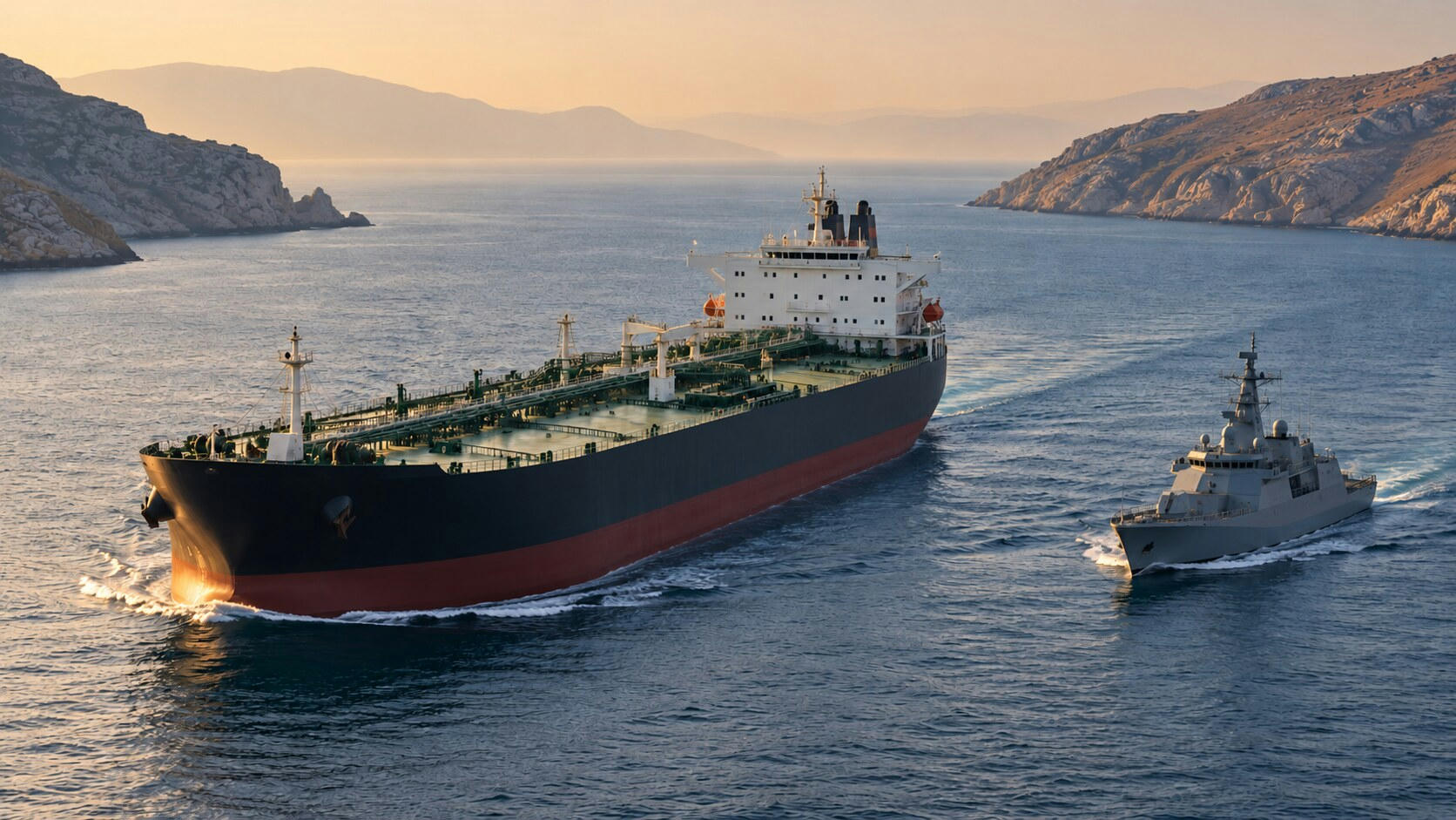 Synthetic editorial illustration. A large dark-hulled tanker and a smaller grey patrol vessel move through a narrow sea passage, leaving gentle wakes. Barren rocky shores frame the water in warm hazy light.